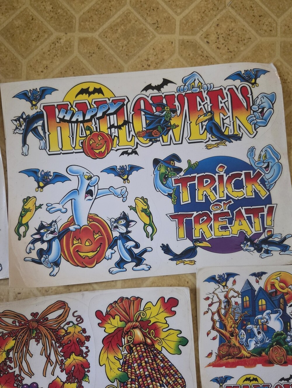 Vintage Halloween Thanksgiving Window Clings Ghost Witch Cat Pumpkin Lot Of 6 - Picture 3 of 12